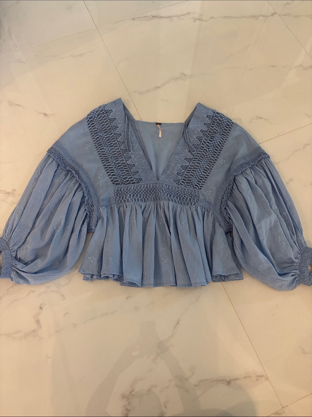 Free People Powder Blue Crochet-Trim Peasant Top